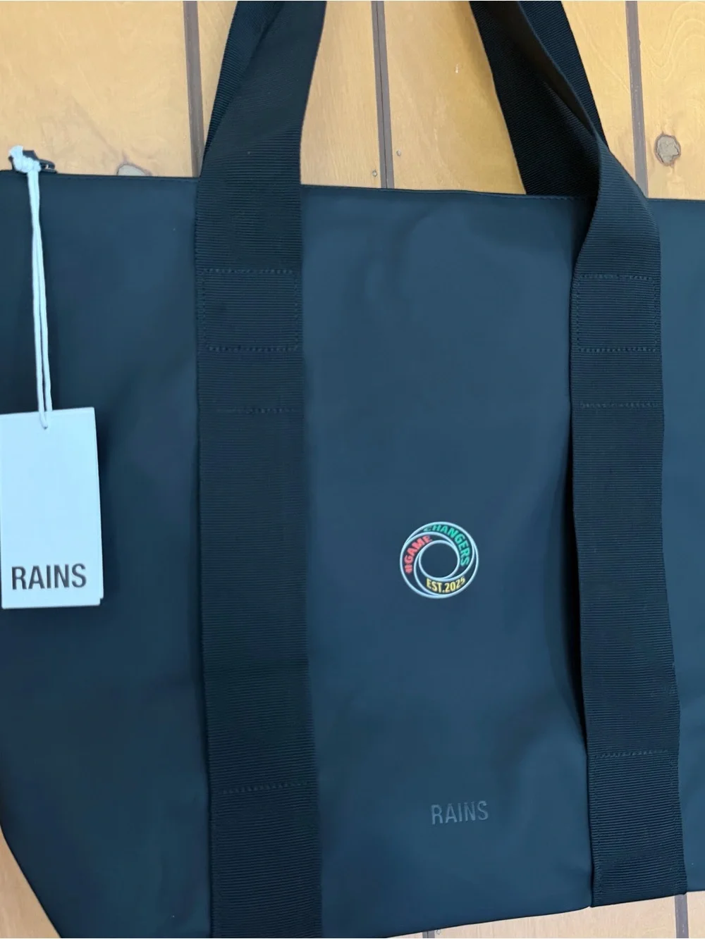 NWT Rains Black Tote Bag Mini W3 with Multicolor Logo Patch